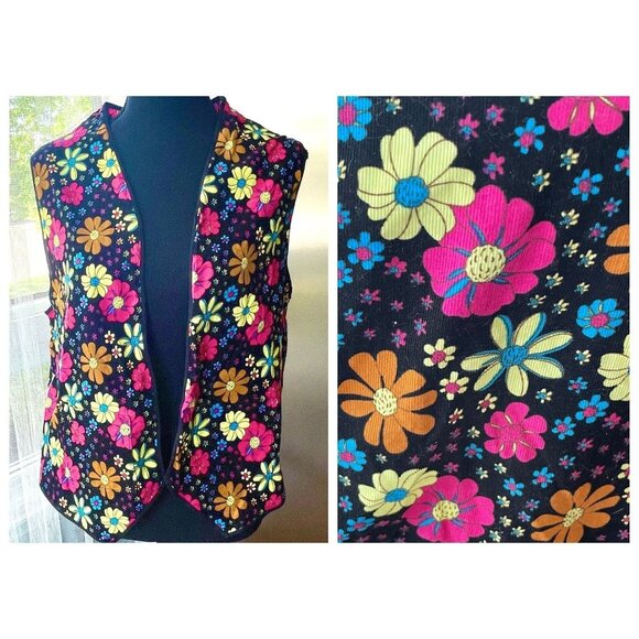 Vintage hippie vest, black, yellow, orange, hot pink crazy daisies, flower power - Picture 2 of 10